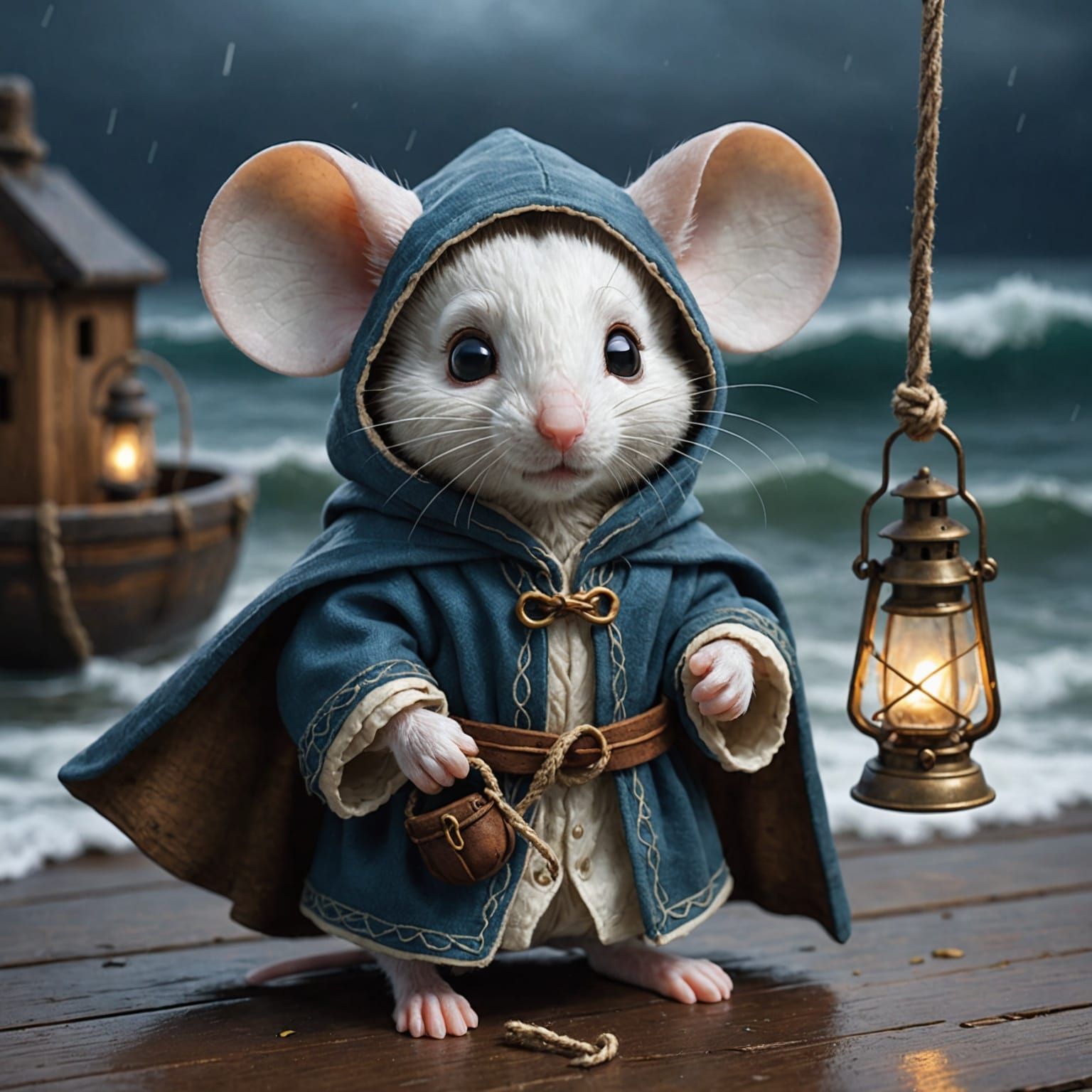 White Mouse Navigating Stormy Sea on Wooden Raft