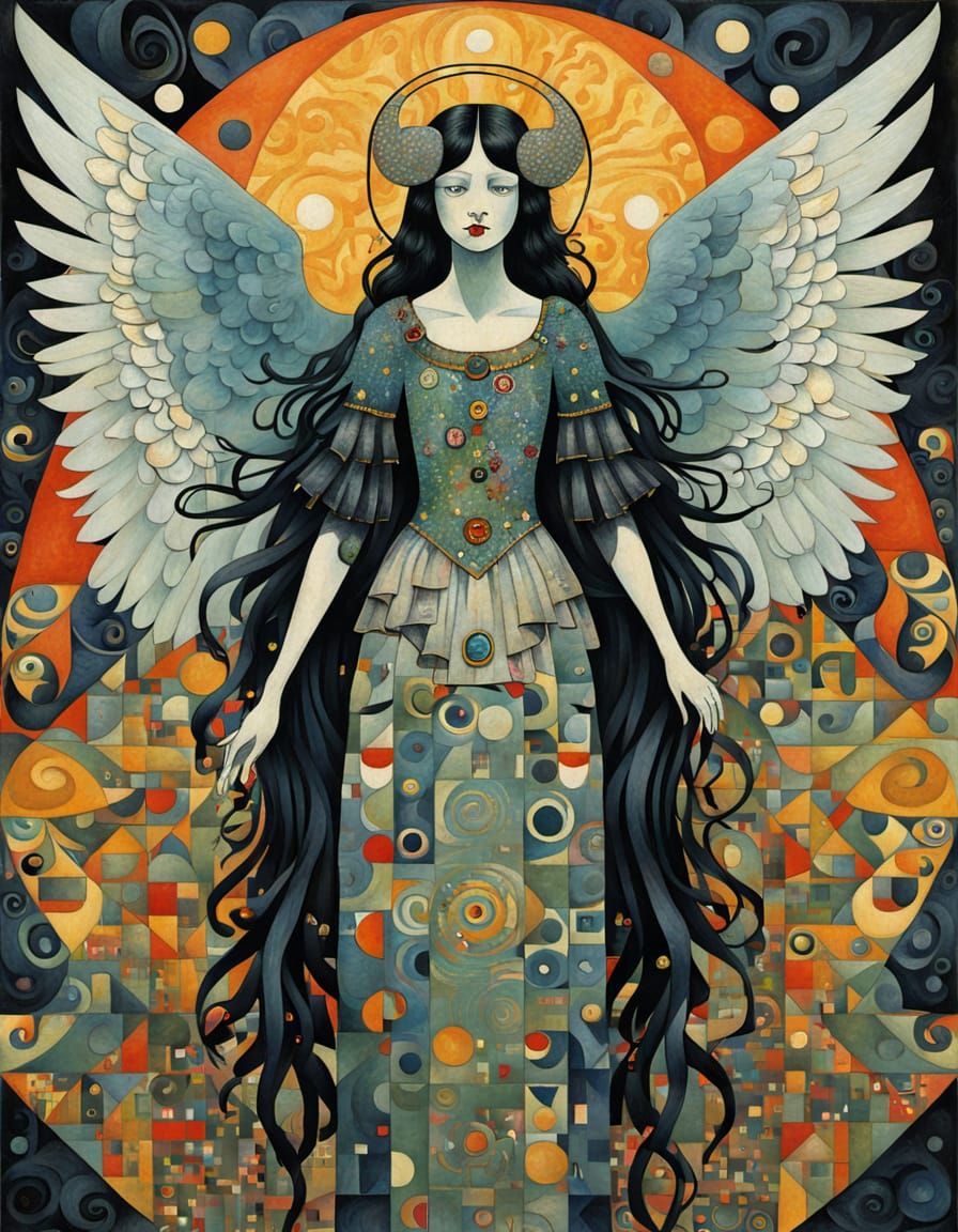 Quirky Angelic Demon in Primitivist Style