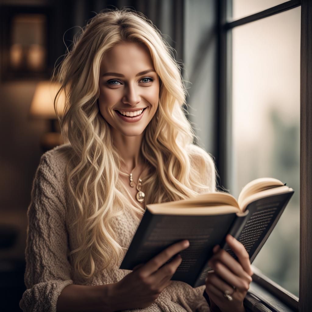 Happy Reading: Blonde Woman Smiling Intensely