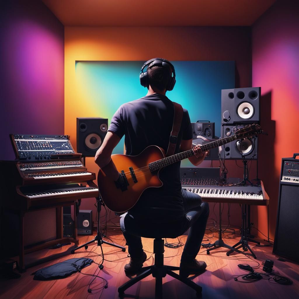 Hyperrealistic Guitarist Recording Music in Home Studio
