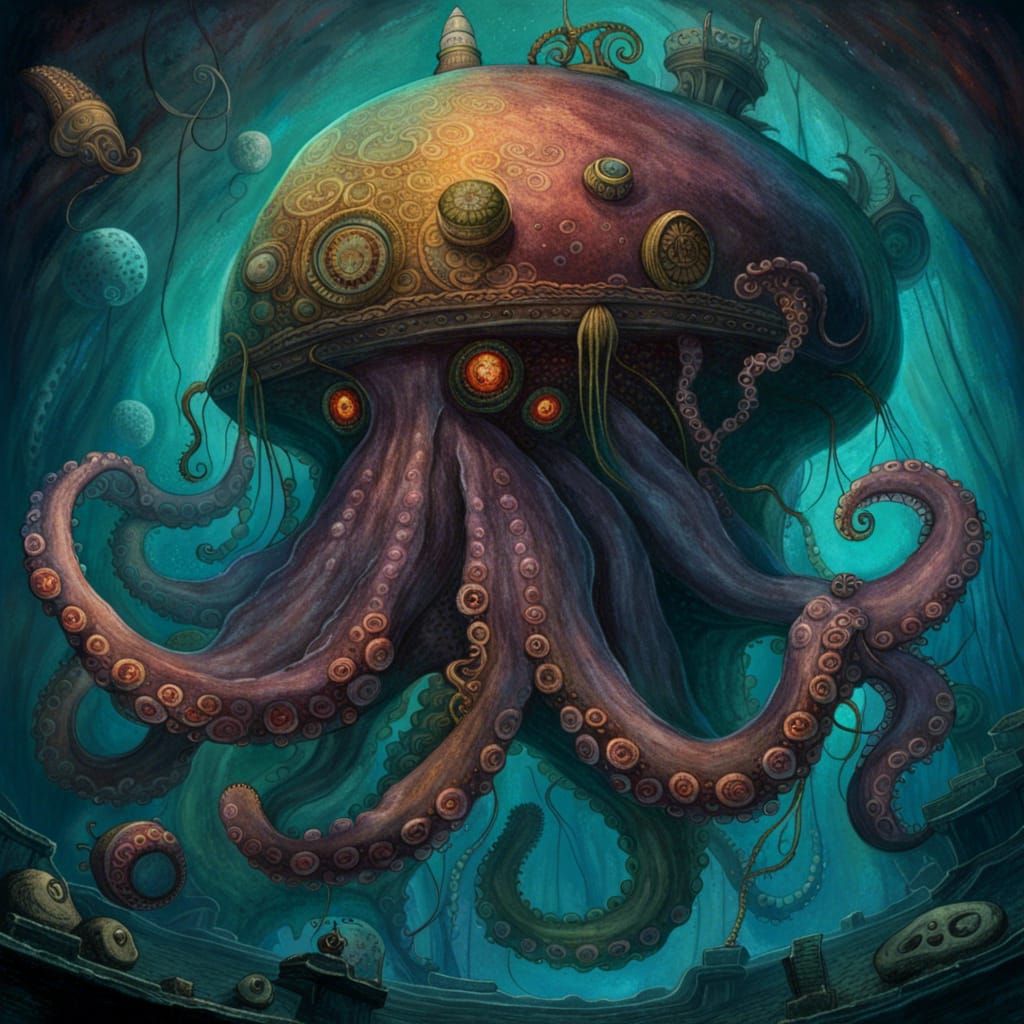 Sinister Octopus and Mermaid Submarine in Cosmic Horror