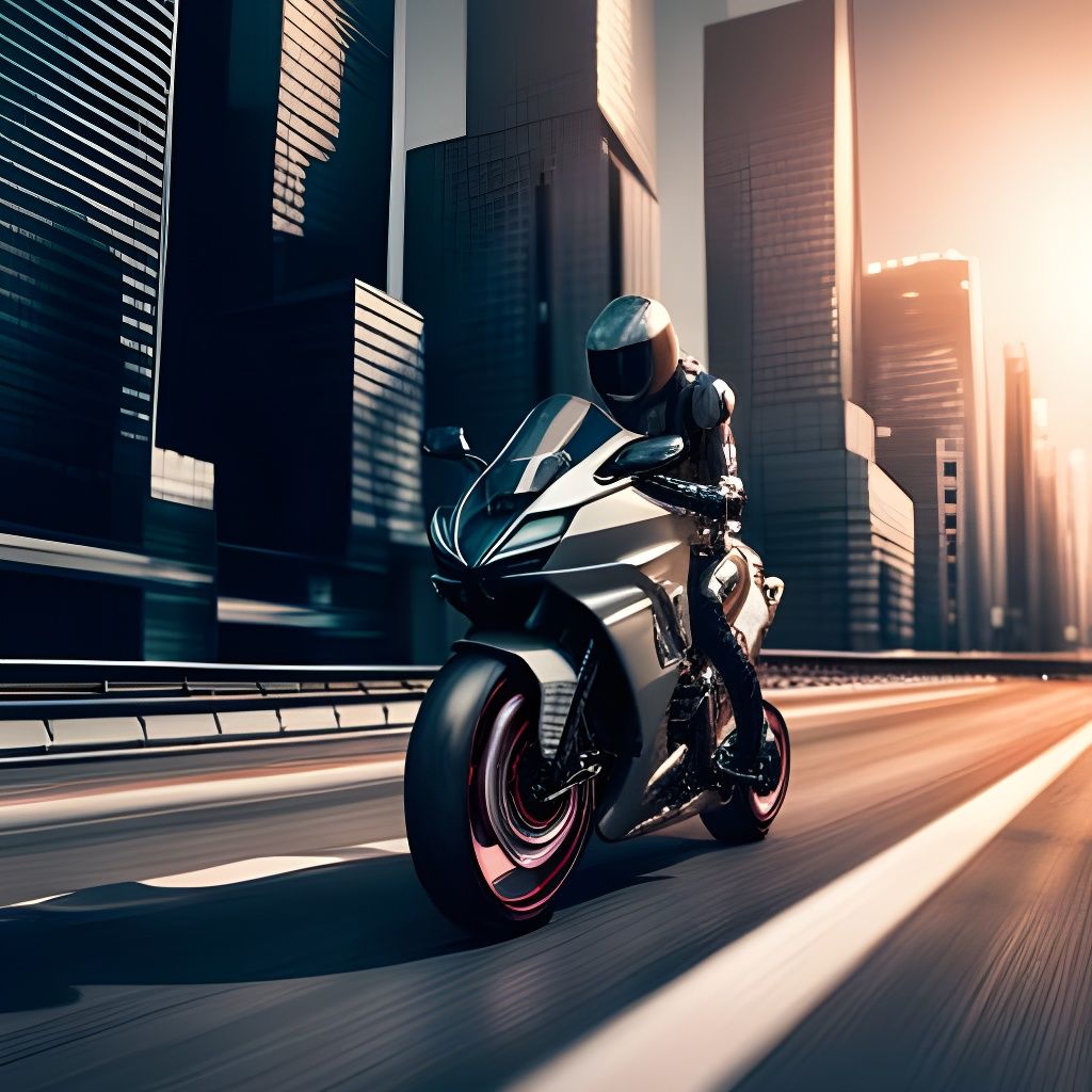 Cyborg Woman on Kawasaki Ninja in Futuristic City