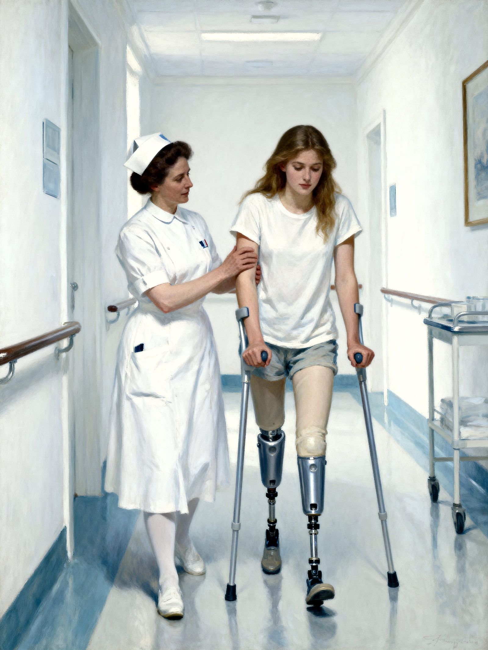Caring Nurse Assists Woman With Prosthetics in Hospital Pain...