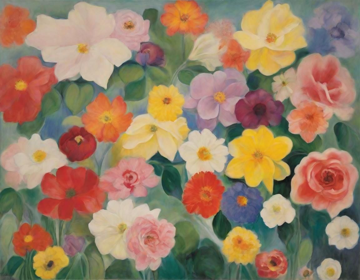 Art by Georgia O'Keeffe, Claude Monet, a mystical garden setting for a lesbian wedding, where each flower and leaf forms...