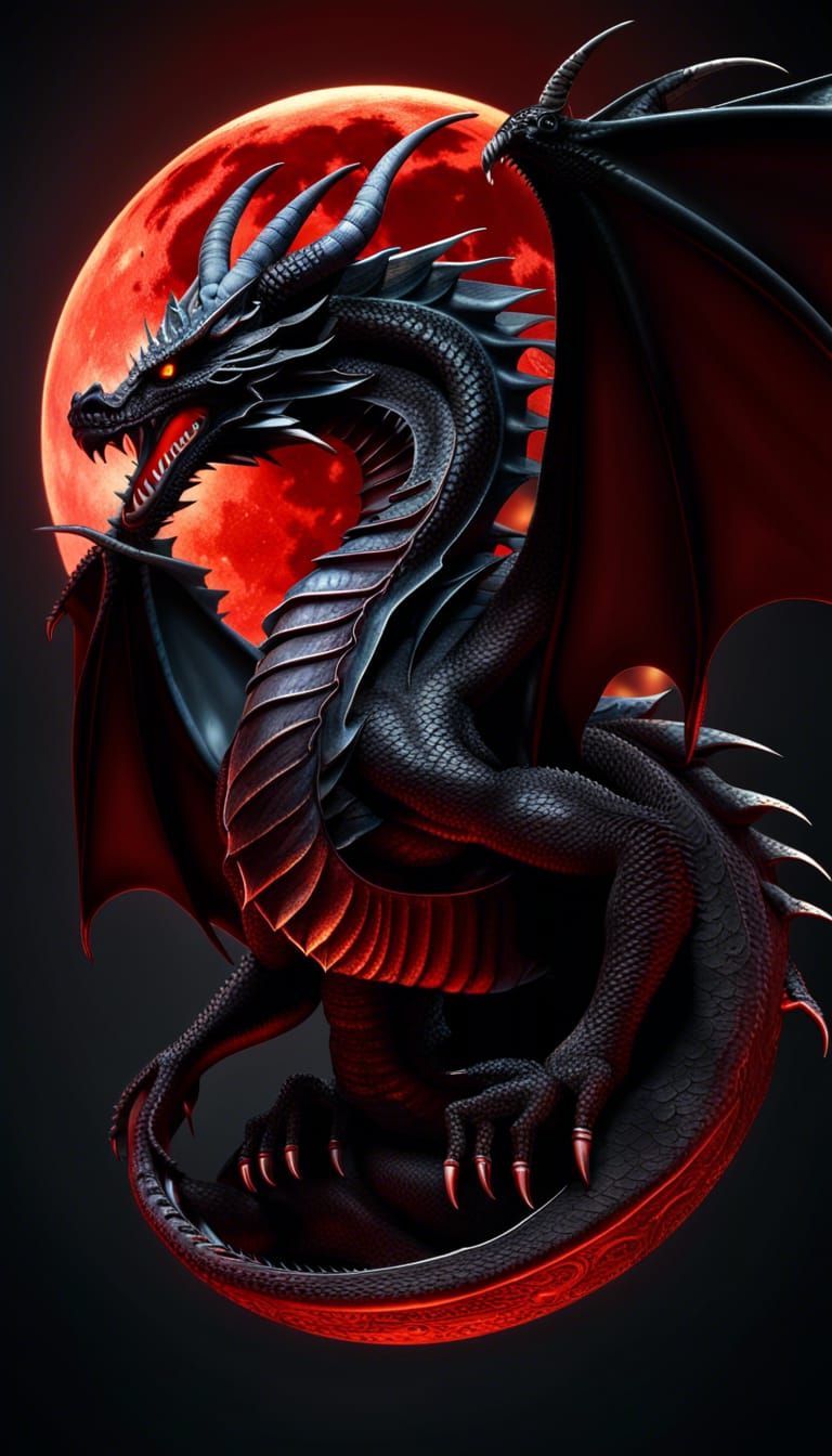 Colossal Black Dragon and Blood Moon in Dark Fantasy