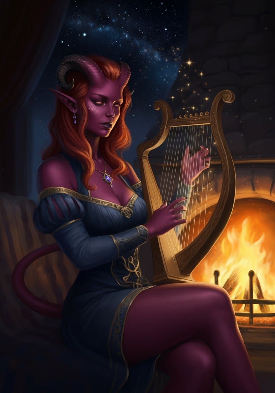Tiefling Bard Playing Harp in Dark Fantasy Style