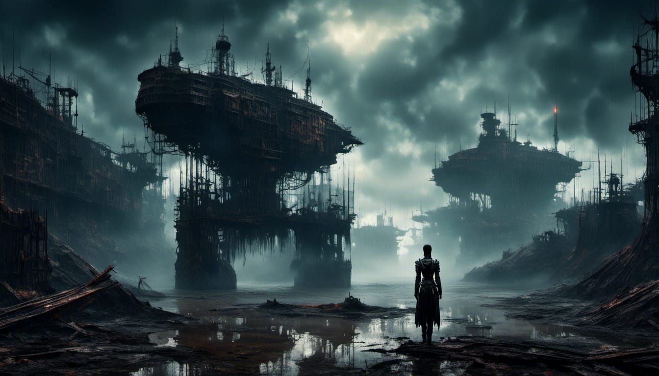 Eerie Cyborg Overlooks Dark Sea in Macabre Style