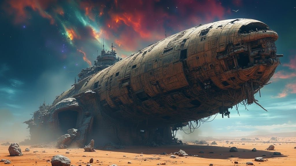 A colossal, derelict spaceship, half-buried in an alien dese...