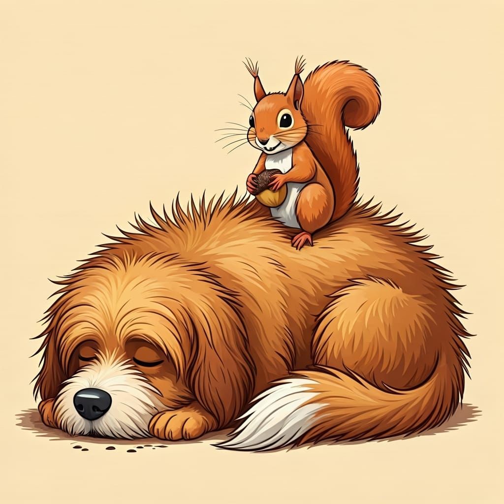 Cartoon Squirrel Hiding Nut on Sleeping Dog