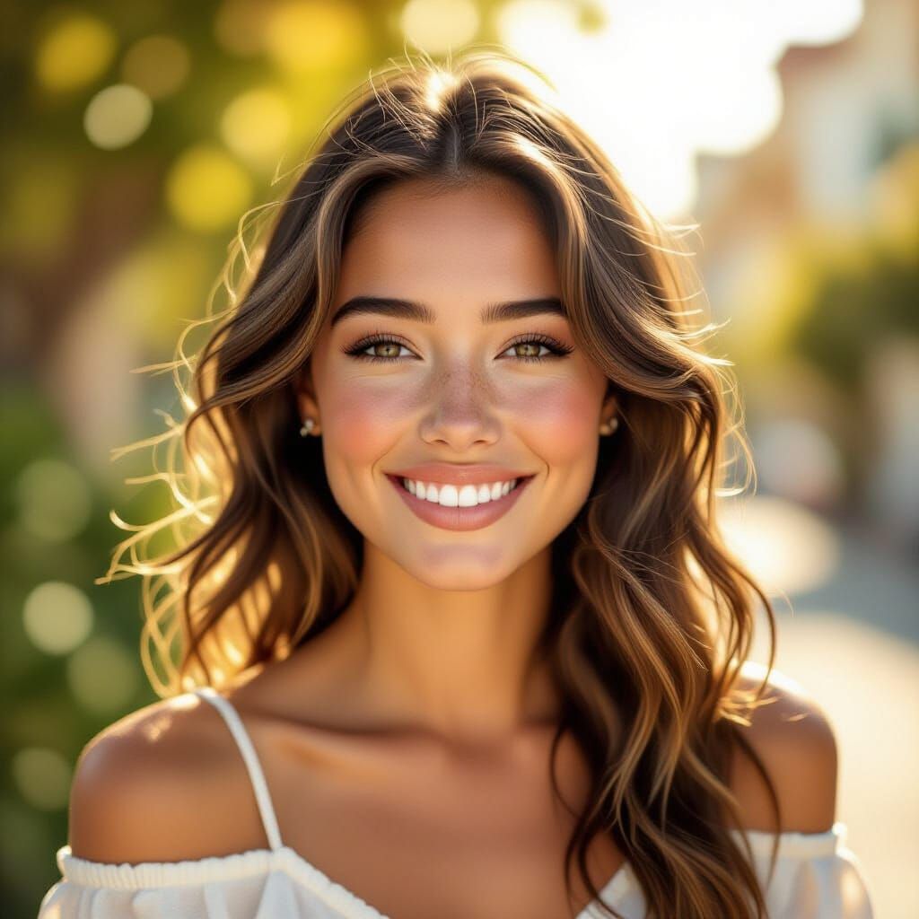 Freckled Woman Smiling in Golden Sunlight, Impressionistic S...