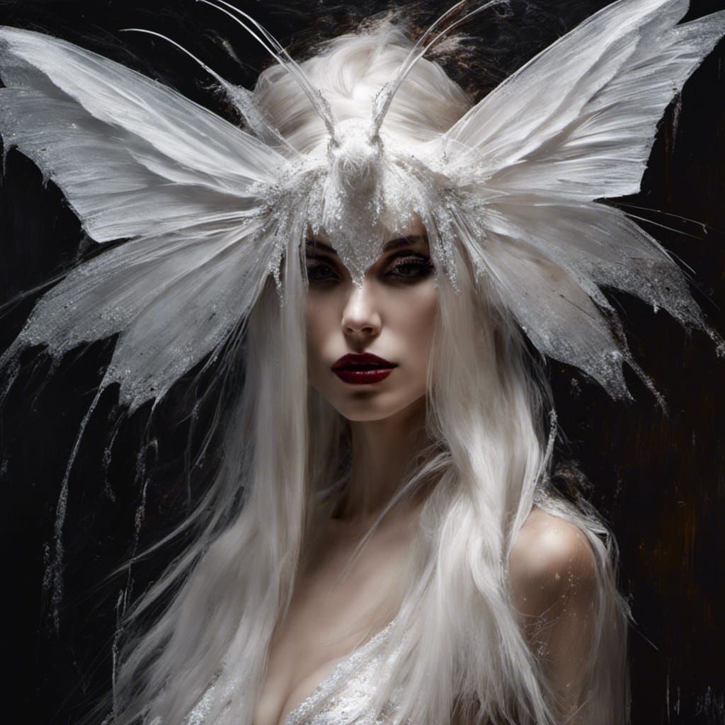 Beautiful woman with a 'White Satin Moth' head piece.