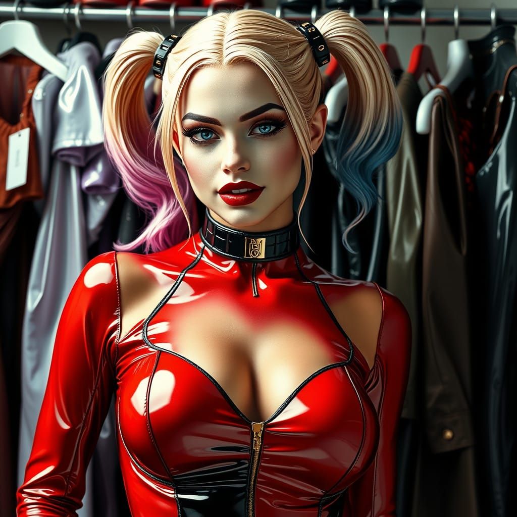 Beautiful Female Figure in Hyperrealistic Shiny Latex Outfit
