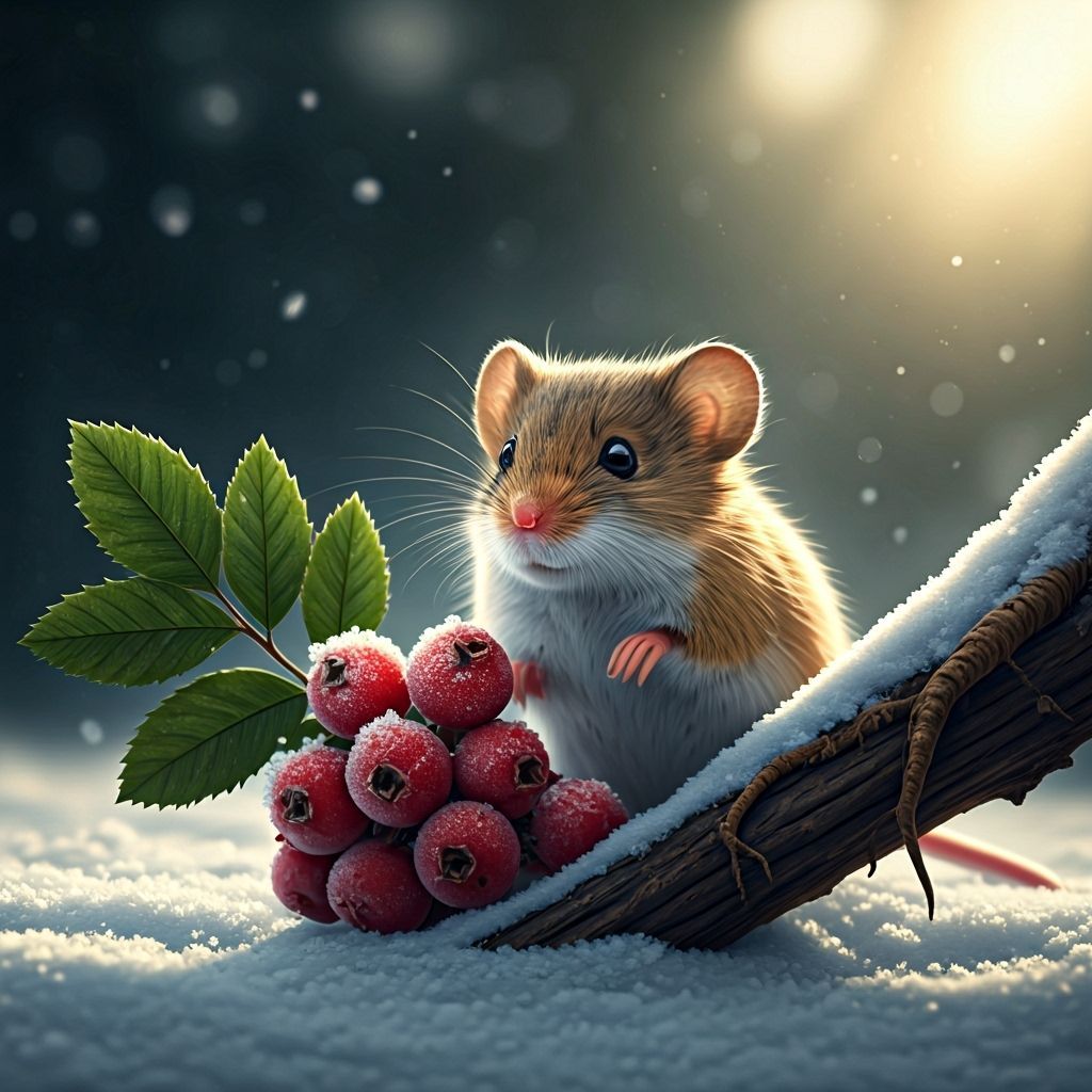 Field Mouse in Frosted Berries with Soft Sunlight