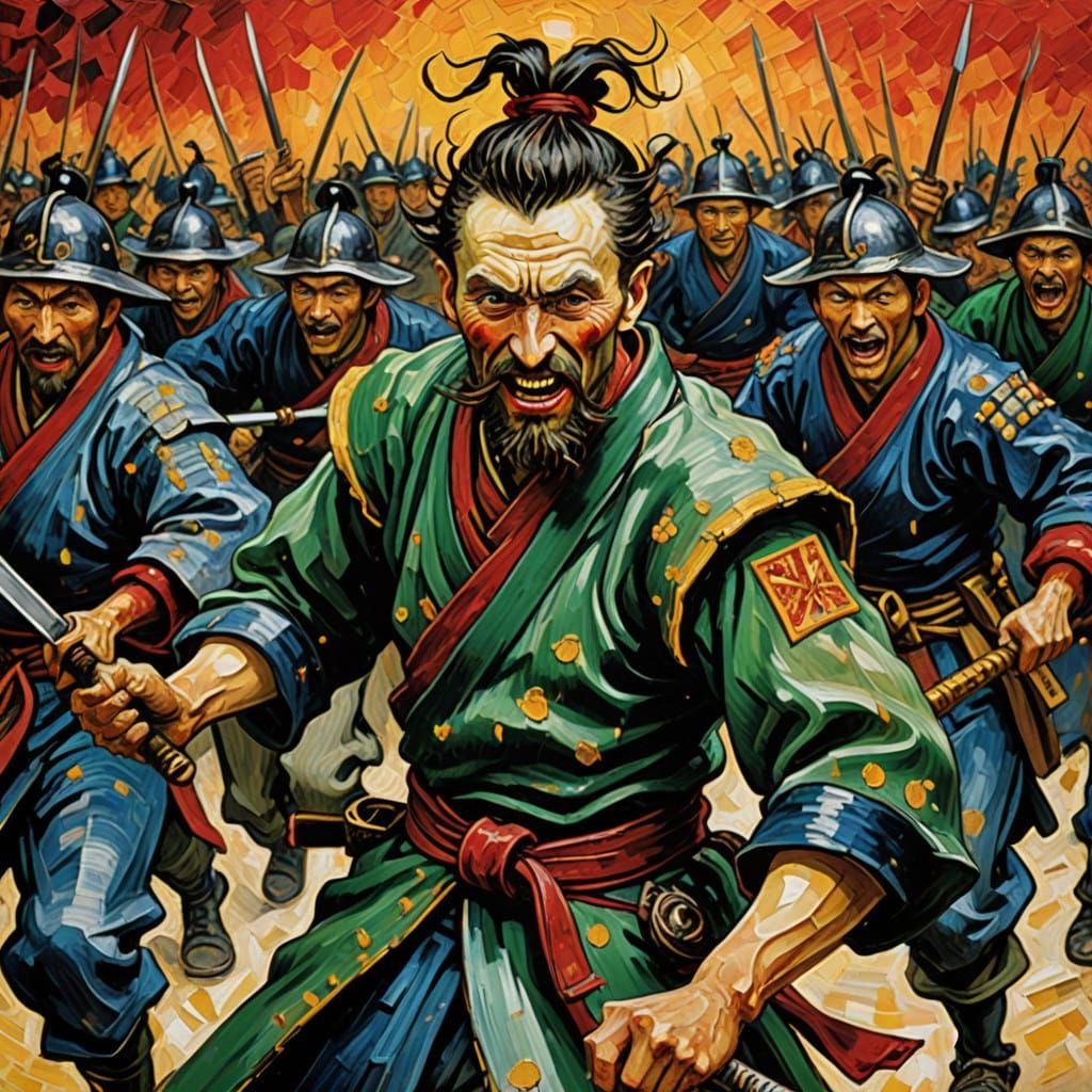 Samurai Jester Invasion in Neo-Expressionist Style