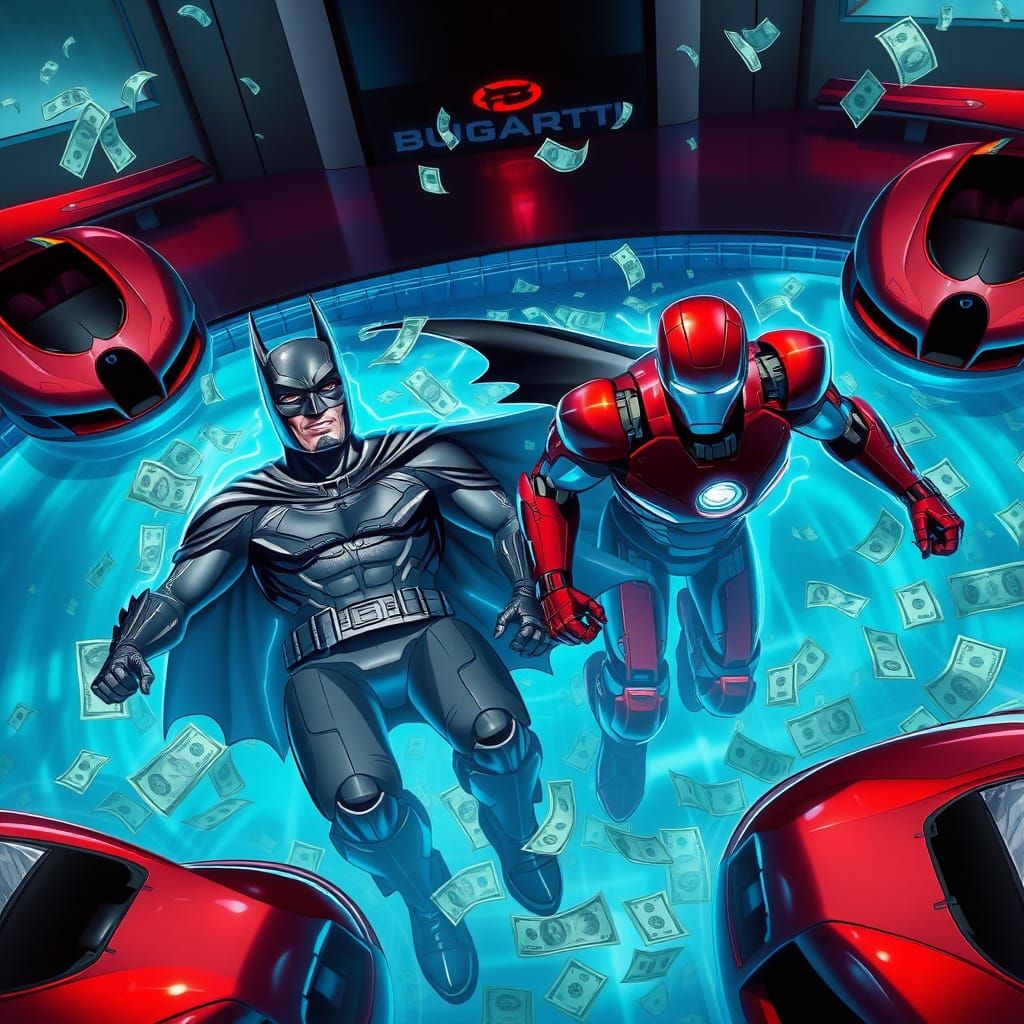 Luxury Futuristic Swim Scene with Bugatti Cars and Money