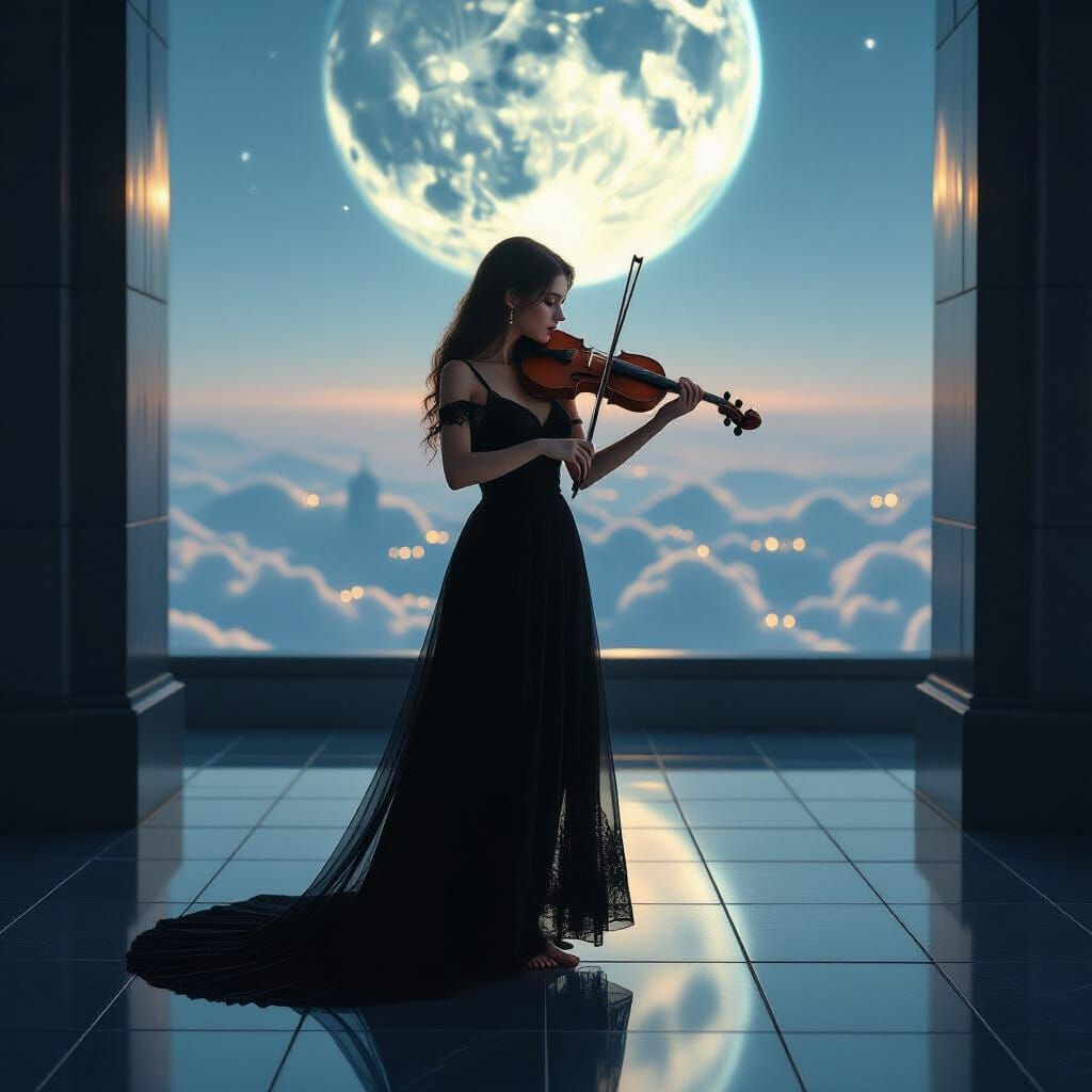 Ethereal Violinist on Platform with Earth View
