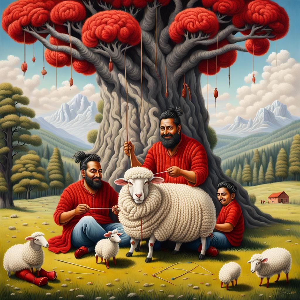 Surreal Knitting Scene with Giant Sheep