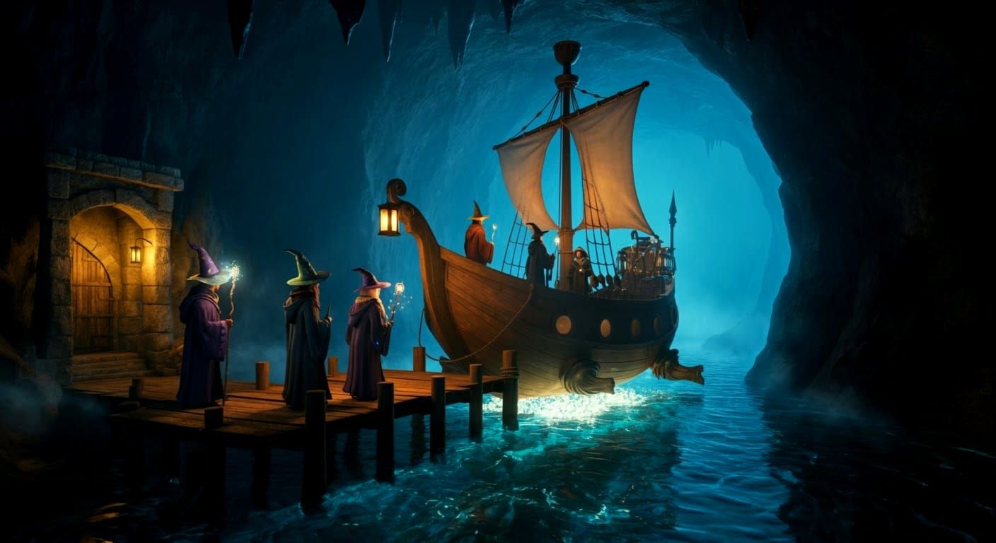 Magical Underground Boat with Wizards in Tunnels