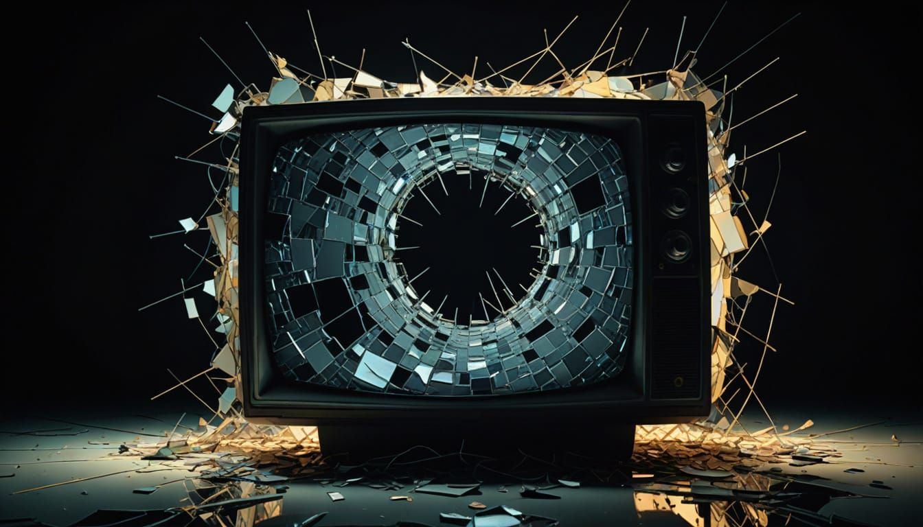 Surreal Broken TV in Dark Room: Dali Inspired