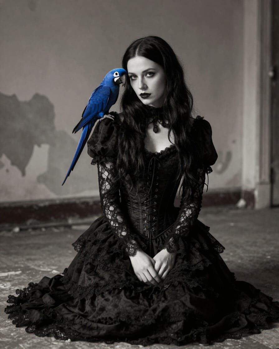 Gothic Woman with Electric Blue Parrot Portrait