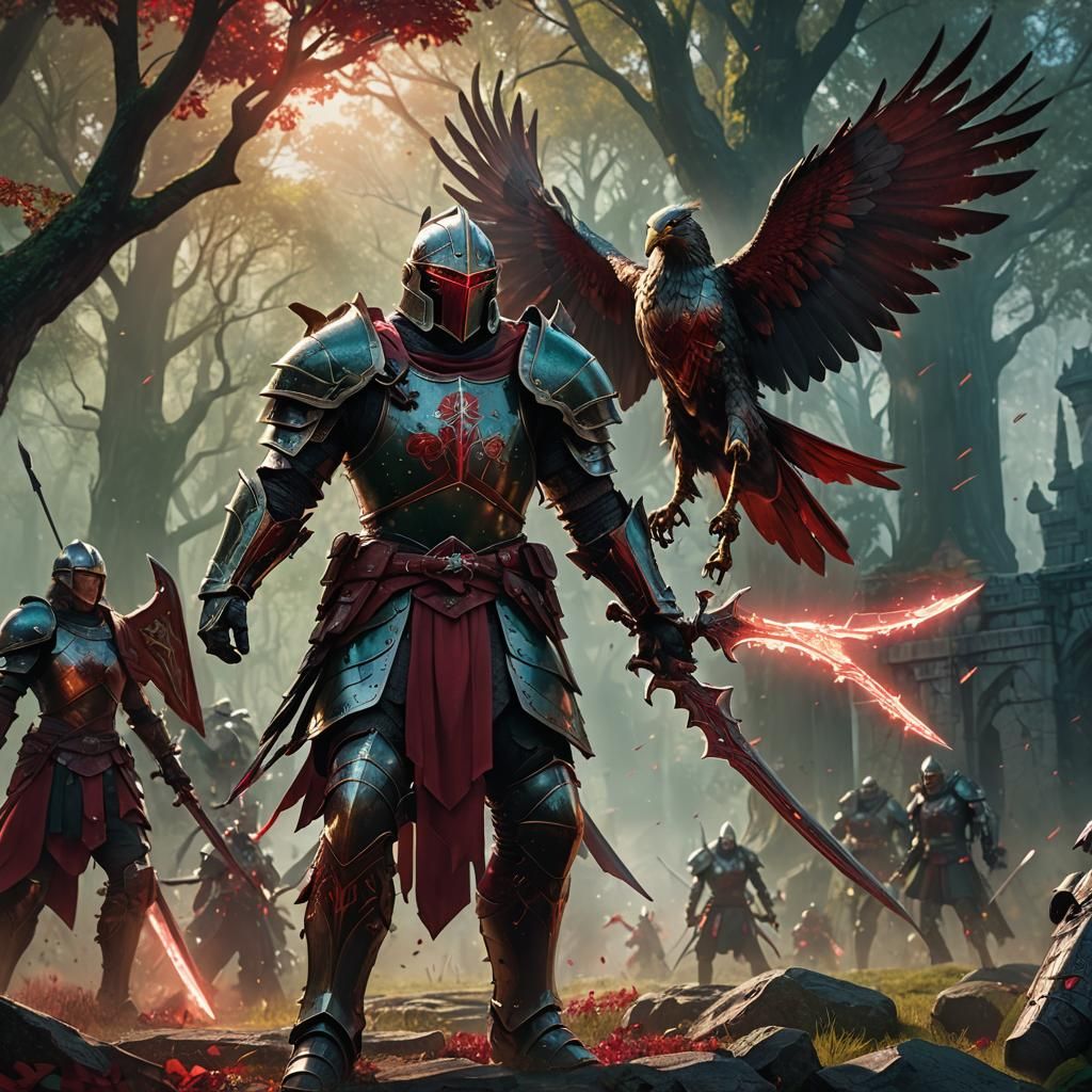 Ruby Armored Knight in Fantasy Battle Scene