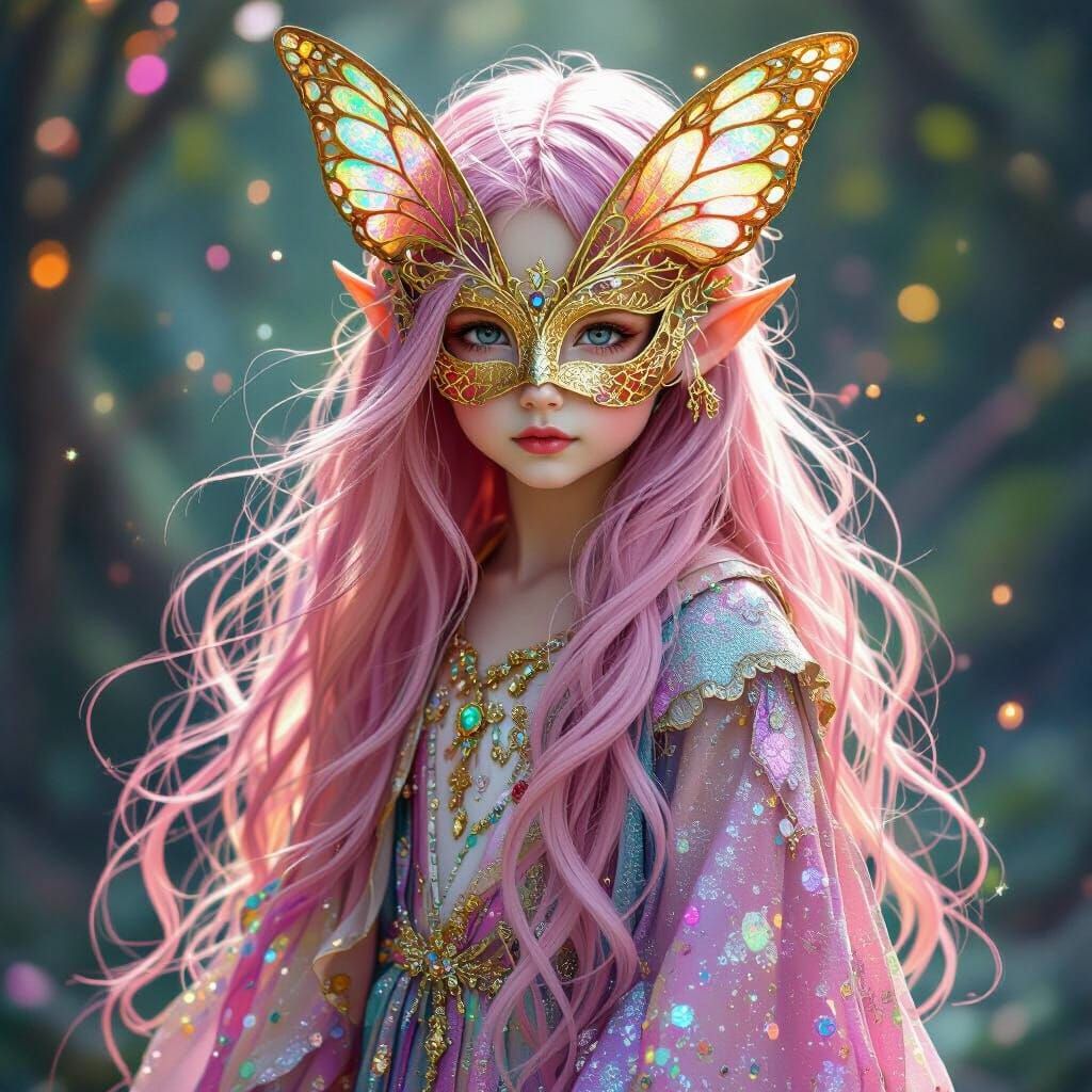 Mysterious Fae Girl With Pink Hair and Butterfly Mask