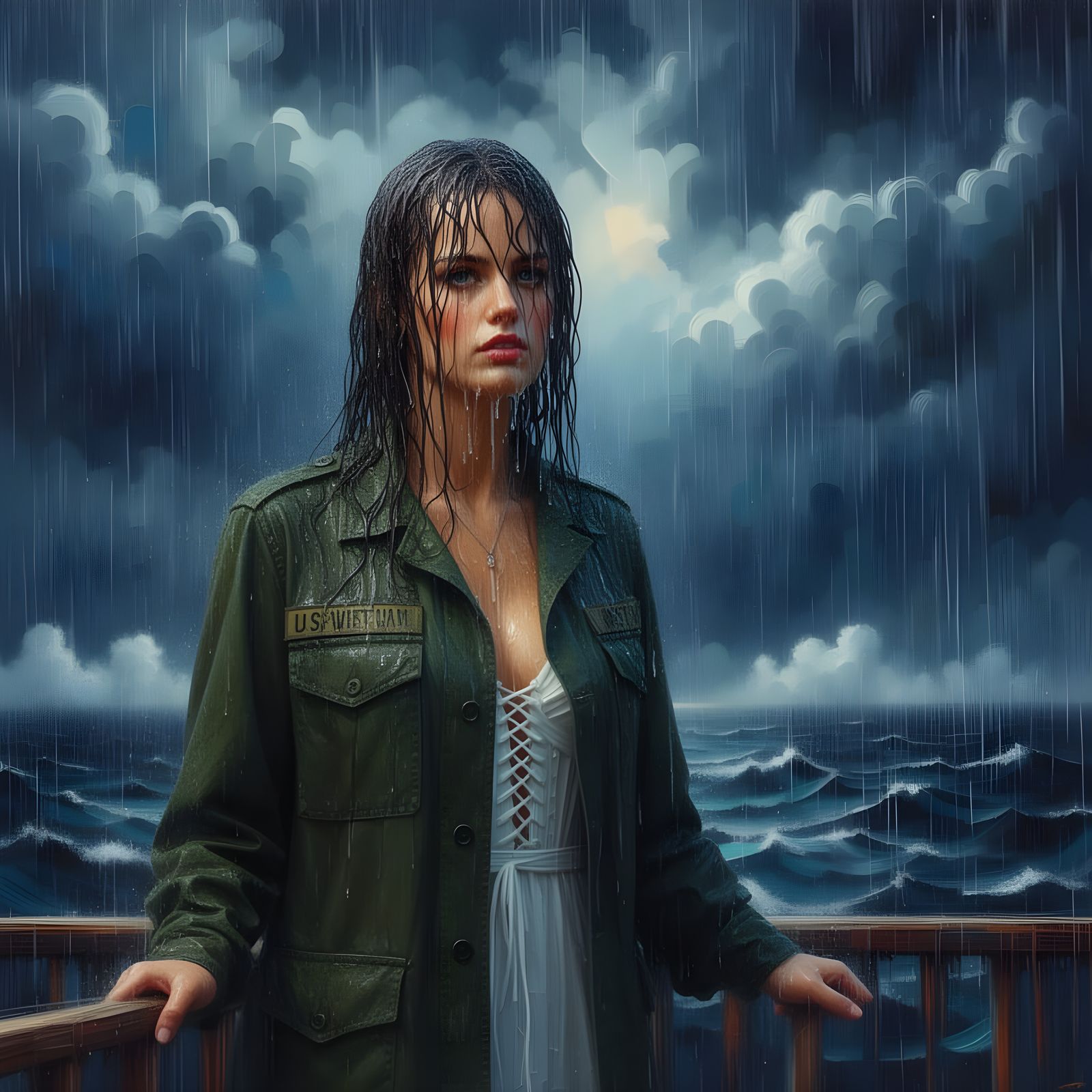 Melancholic Princess Diana in Oil Painting Amidst Storm