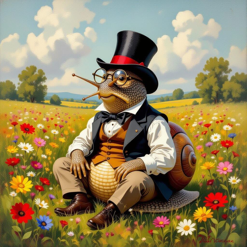 Wise Snail in Waistcoat and Top Hat, Meadow Scene
