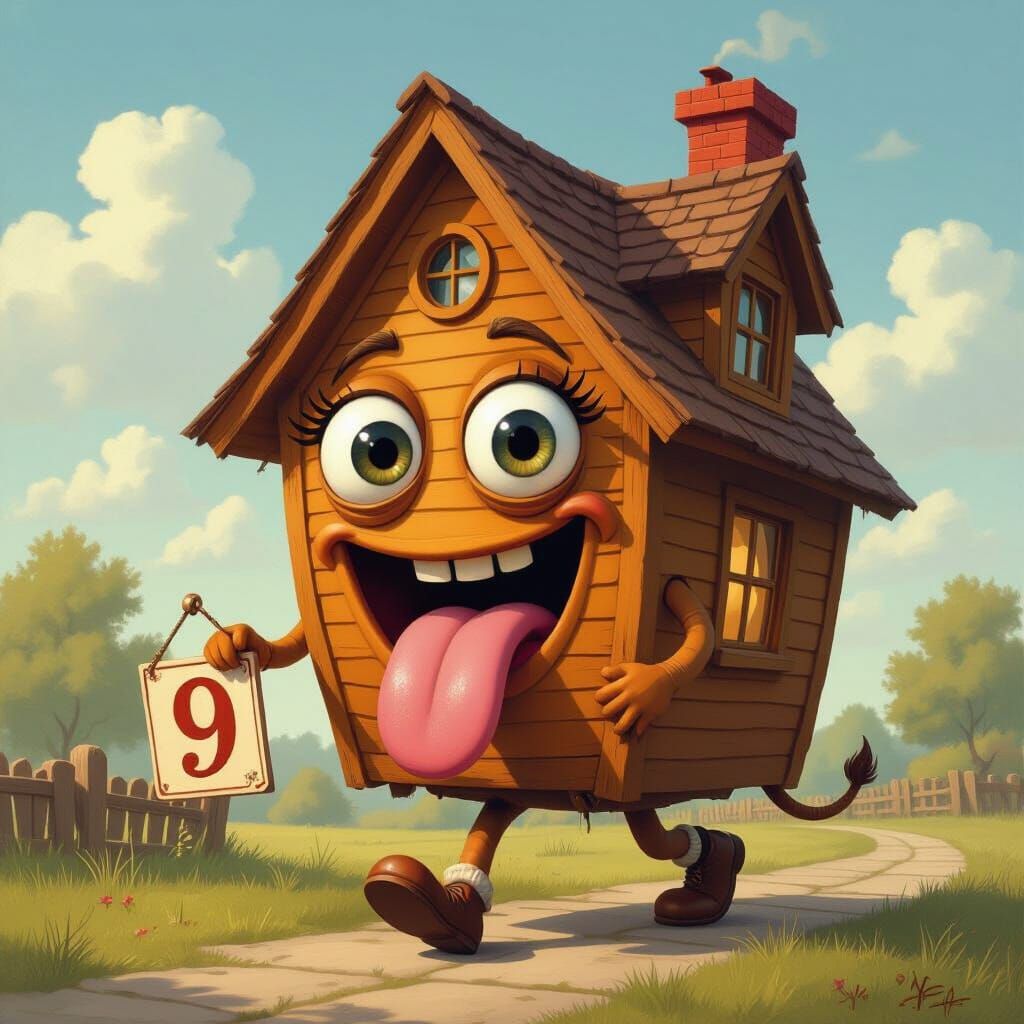 Whimsical Walking House Labeled 9 in Oil Painting Style