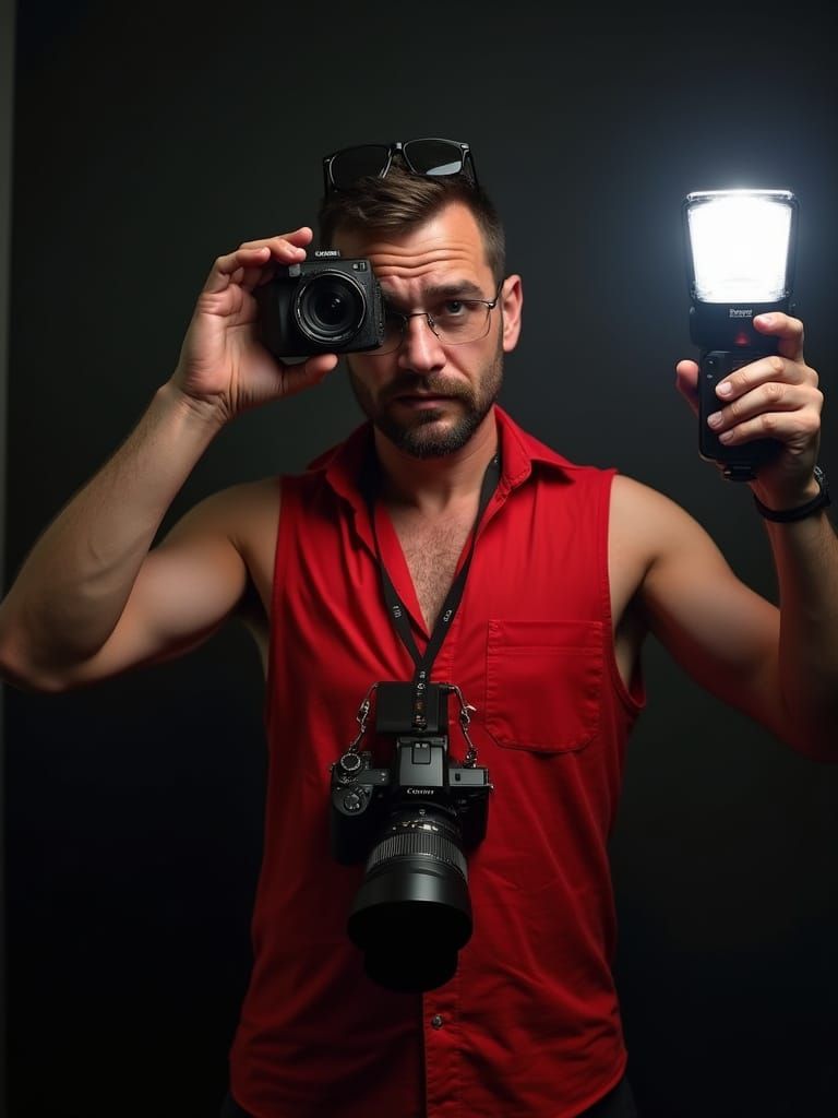 Charismatic Photographer Captured in Whimsical Moment