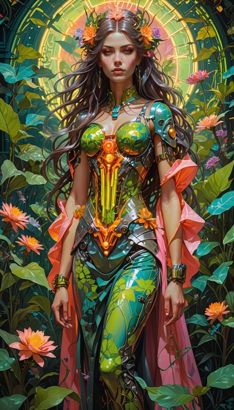 Cyberpunk Princess in Neon Garden, Art Nouveau Style