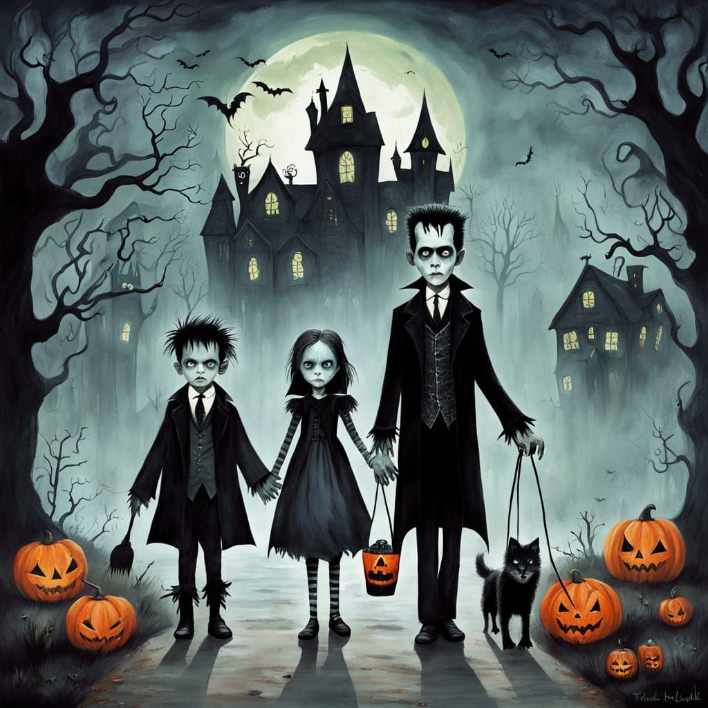 Monsters as Kids Trick-or-Treating in Eerie Halloween Style