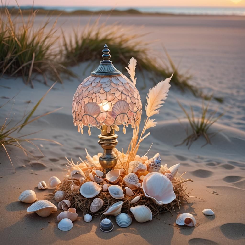 Beach at Dusk: Seashell Lamp in Golden Light