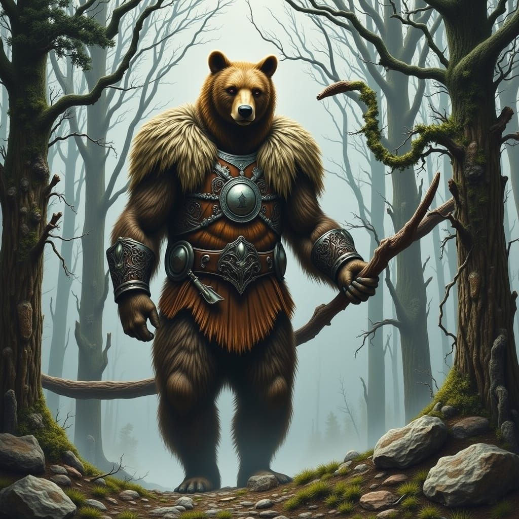 Bear Warrior in Mystical Forest, Fantasy Art