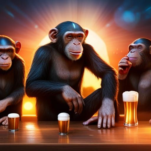 Chimpanzees Drinking Beer: 3D Photorealistic Illustration