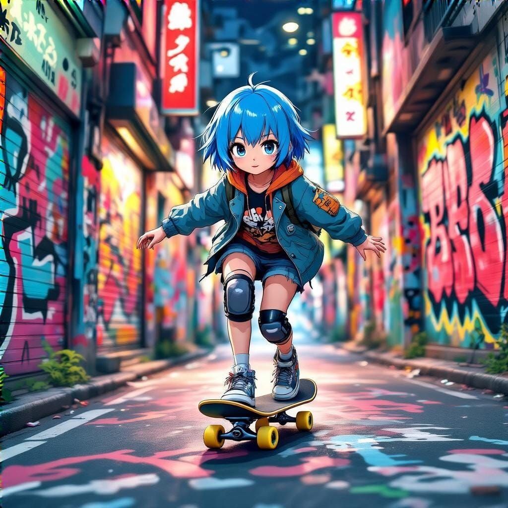 Anime Girl Skateboarding in Tokyo Alleyway