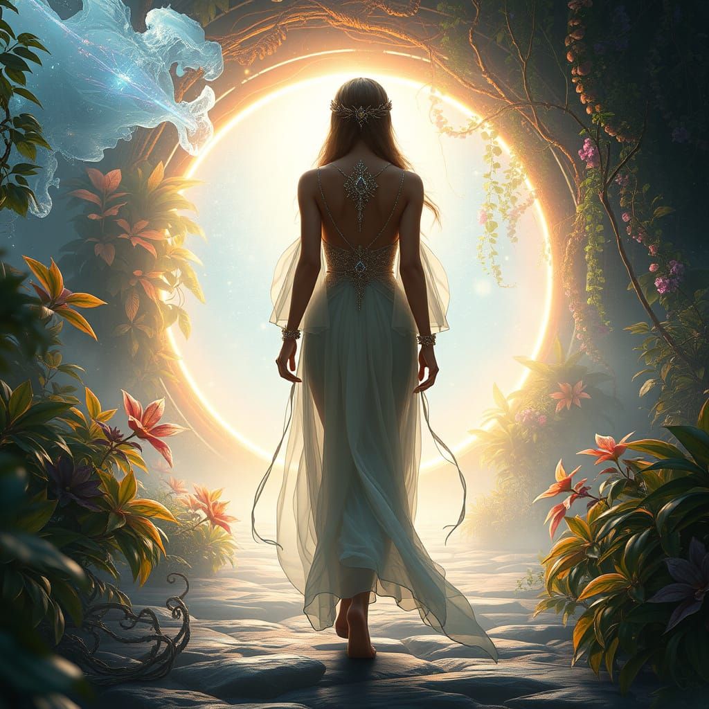 Mysterious Woman Approaches Shimmering Portal in Lush Vines