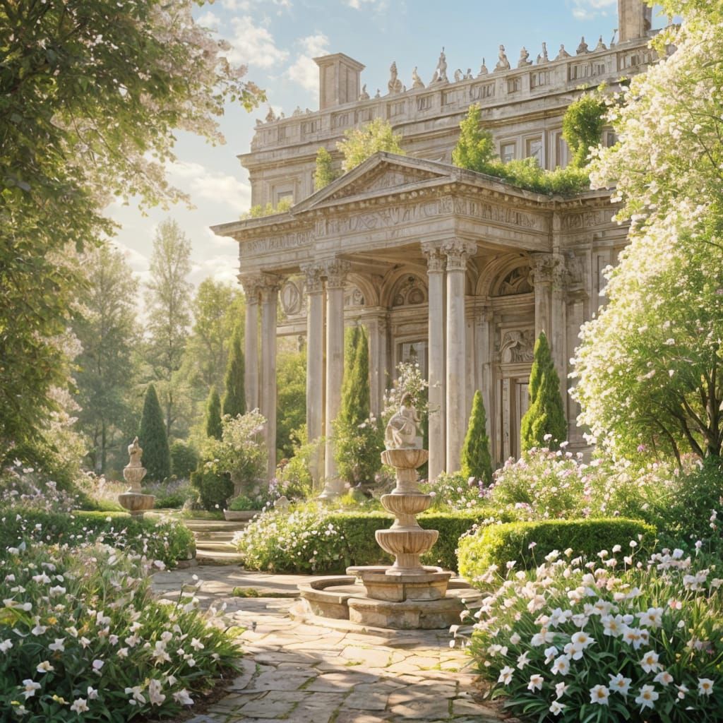 Palladian Garden in Spring, Pastel Watercolor