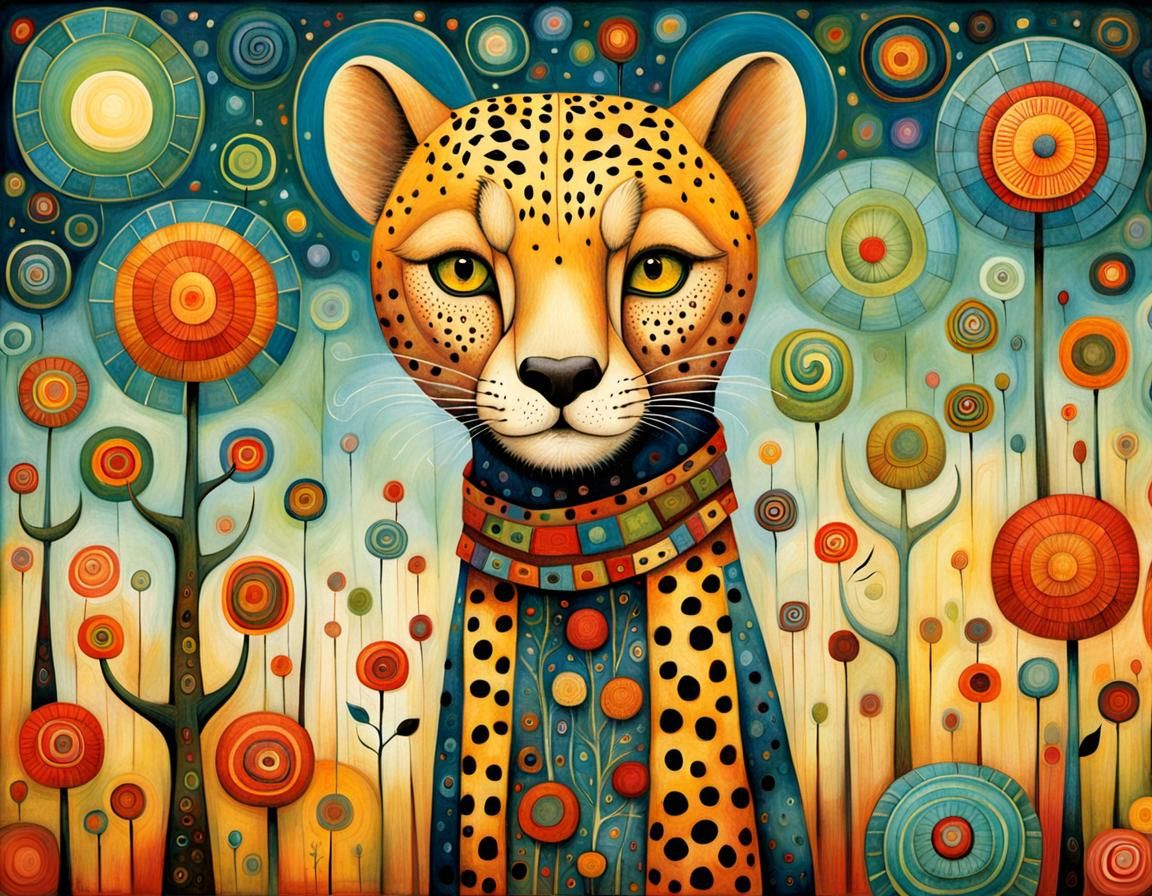 Whimsical Happy Cheetah Inspired by Modern Masters