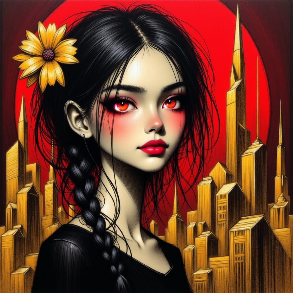 Surreal Alien Girl with Glowing Eyes in Cubist Style