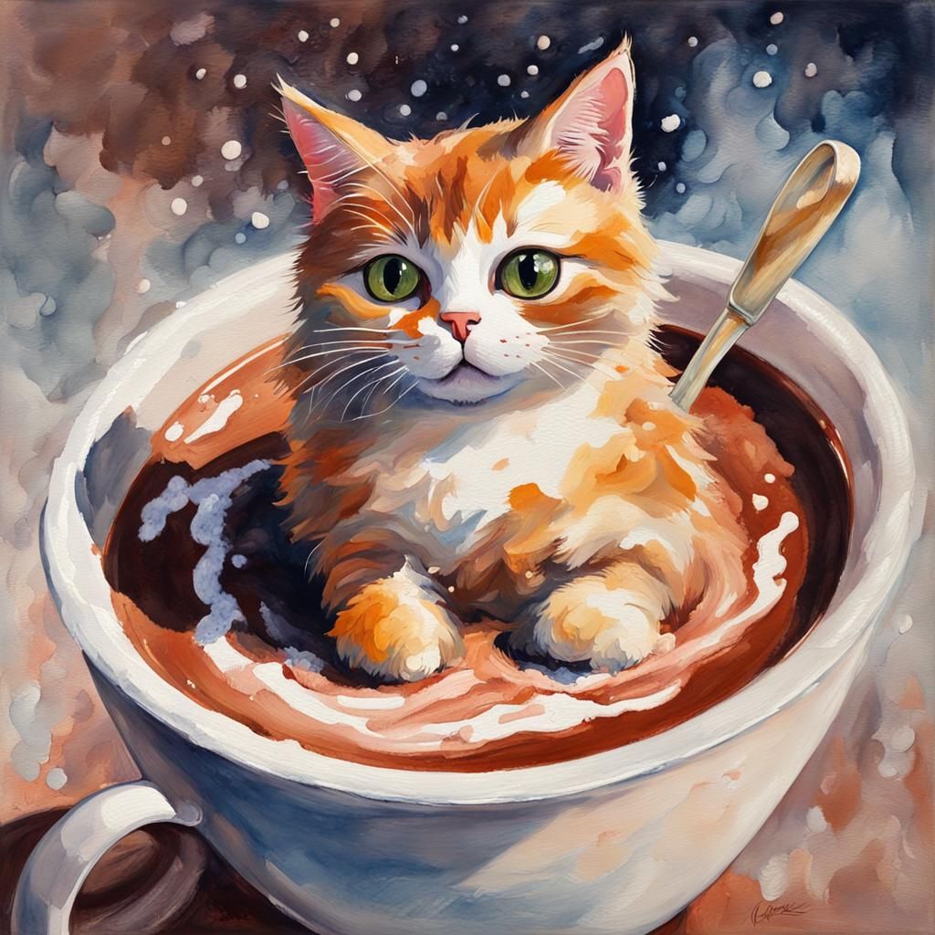 Cat in Hot Chocolate: Gouache Impressionist Painting