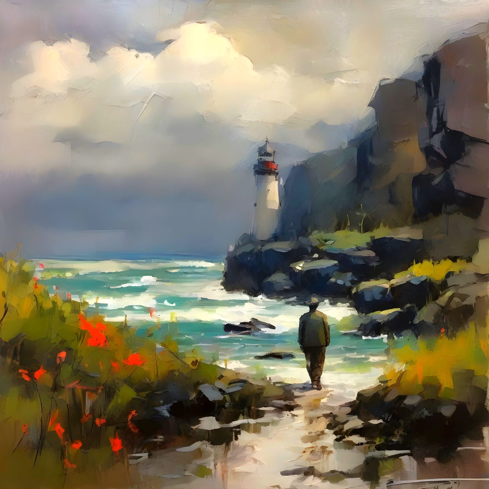 Epic Lighthouse Amidst Stormy Seas and Vibrant Flowers
