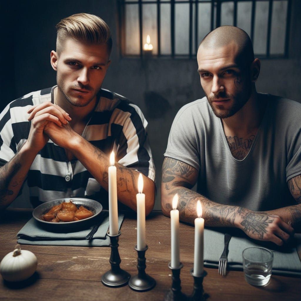 Two Prisoners Share a Moment of Comfort in Candlelit Solitud...