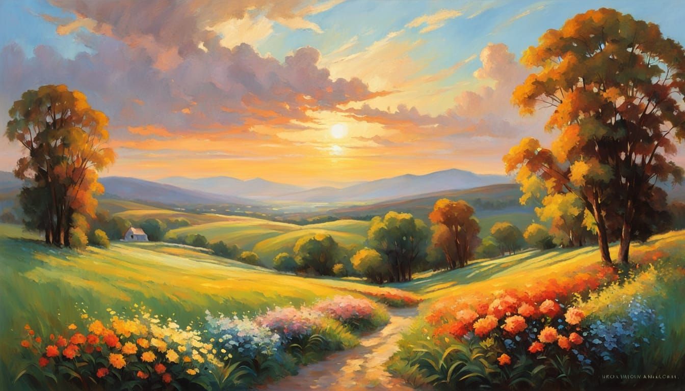 Vibrant Oil Painting of Serene Rolling Hills and Flowers