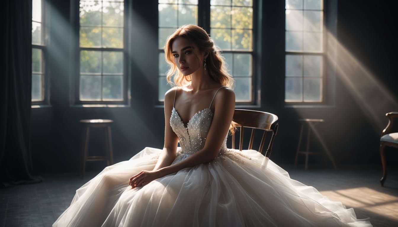 Woman in White Dress in Dark Room