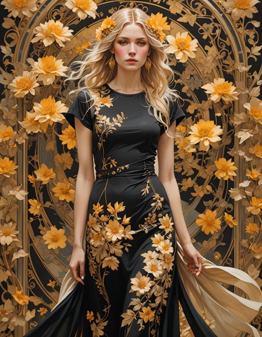 Elegant Woman in Black Dress with Golden Flowers