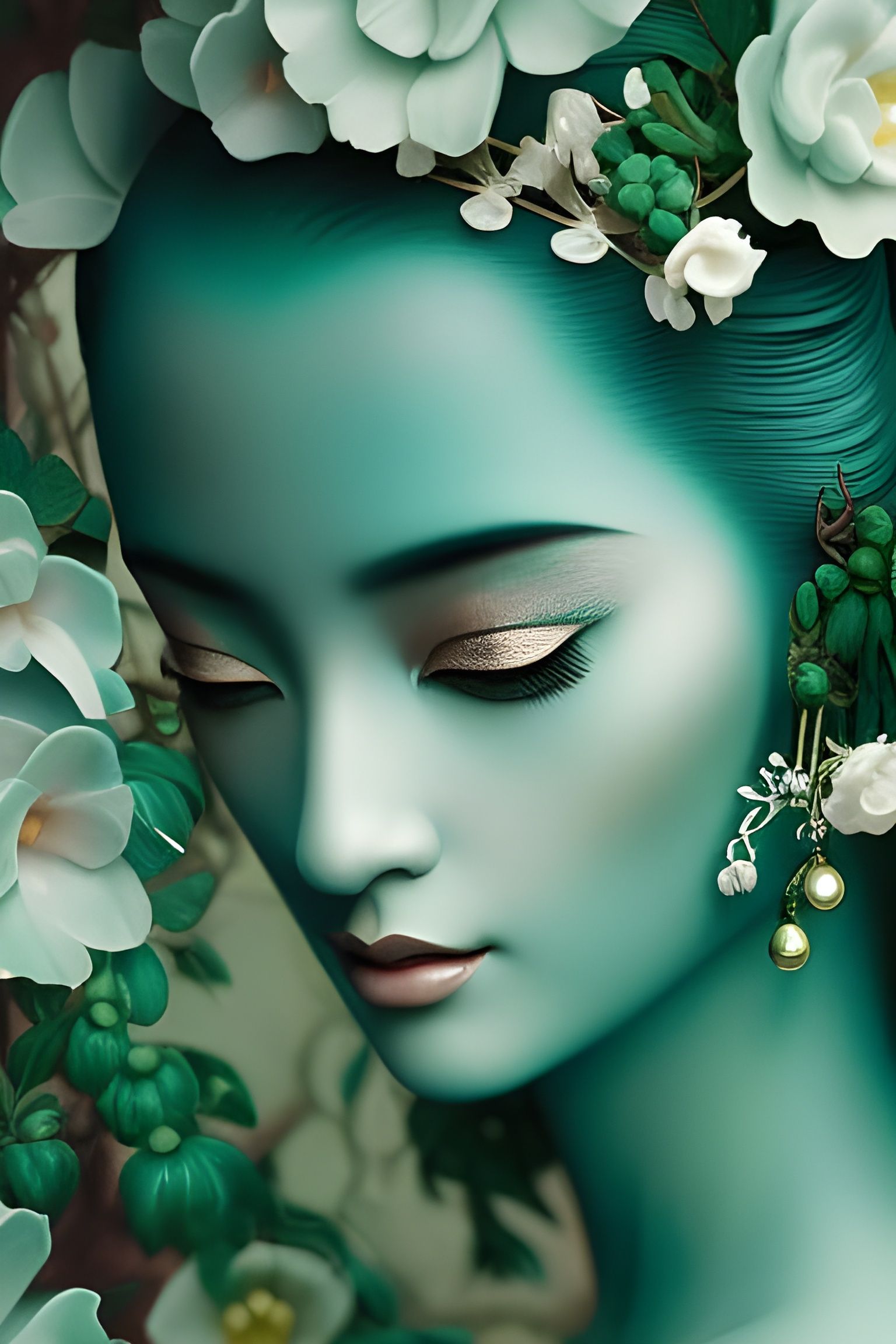 Intricate Jade Geisha Statue in Digital Illustration
