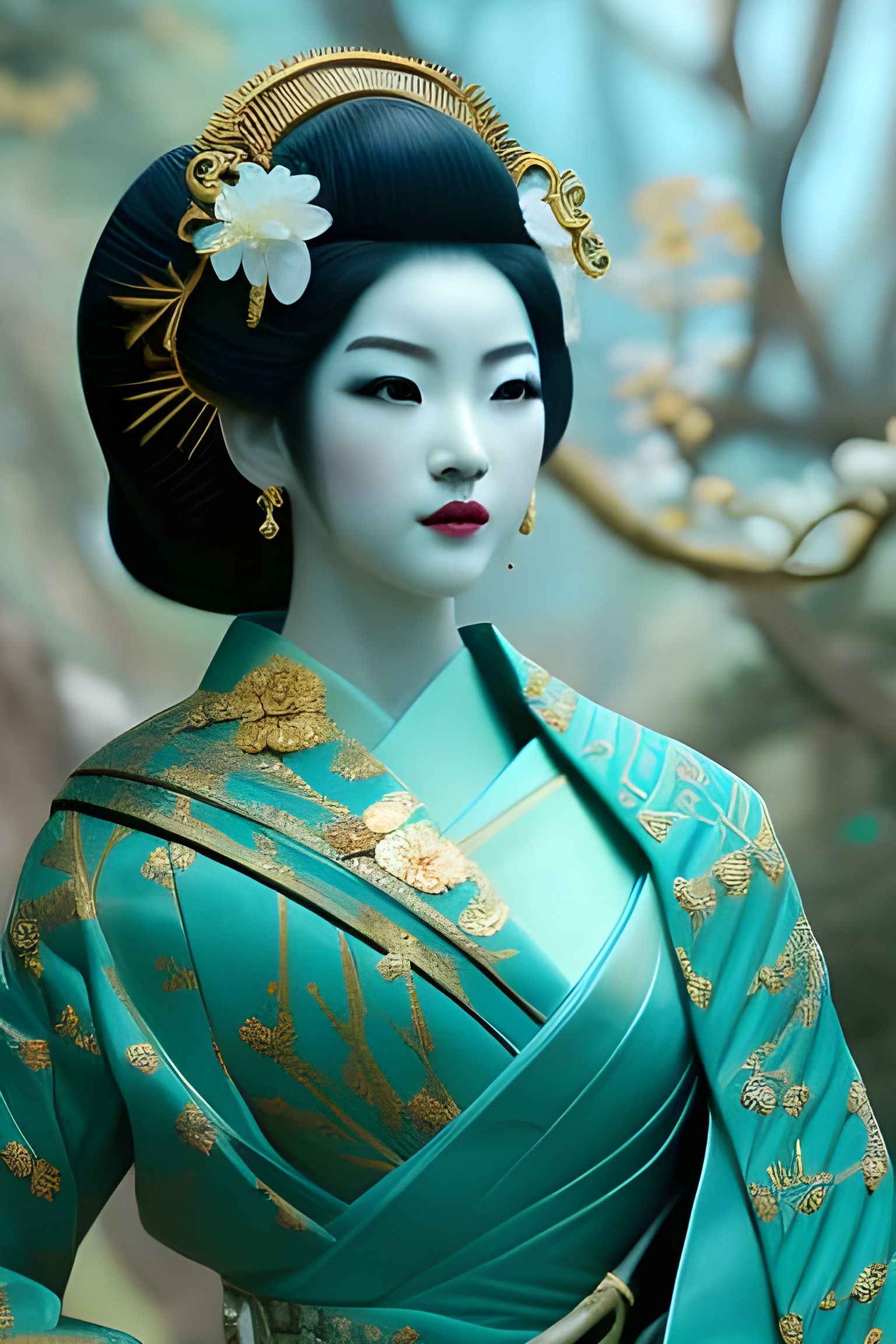 Elegant Jade Geisha Statue in Digital Illustration