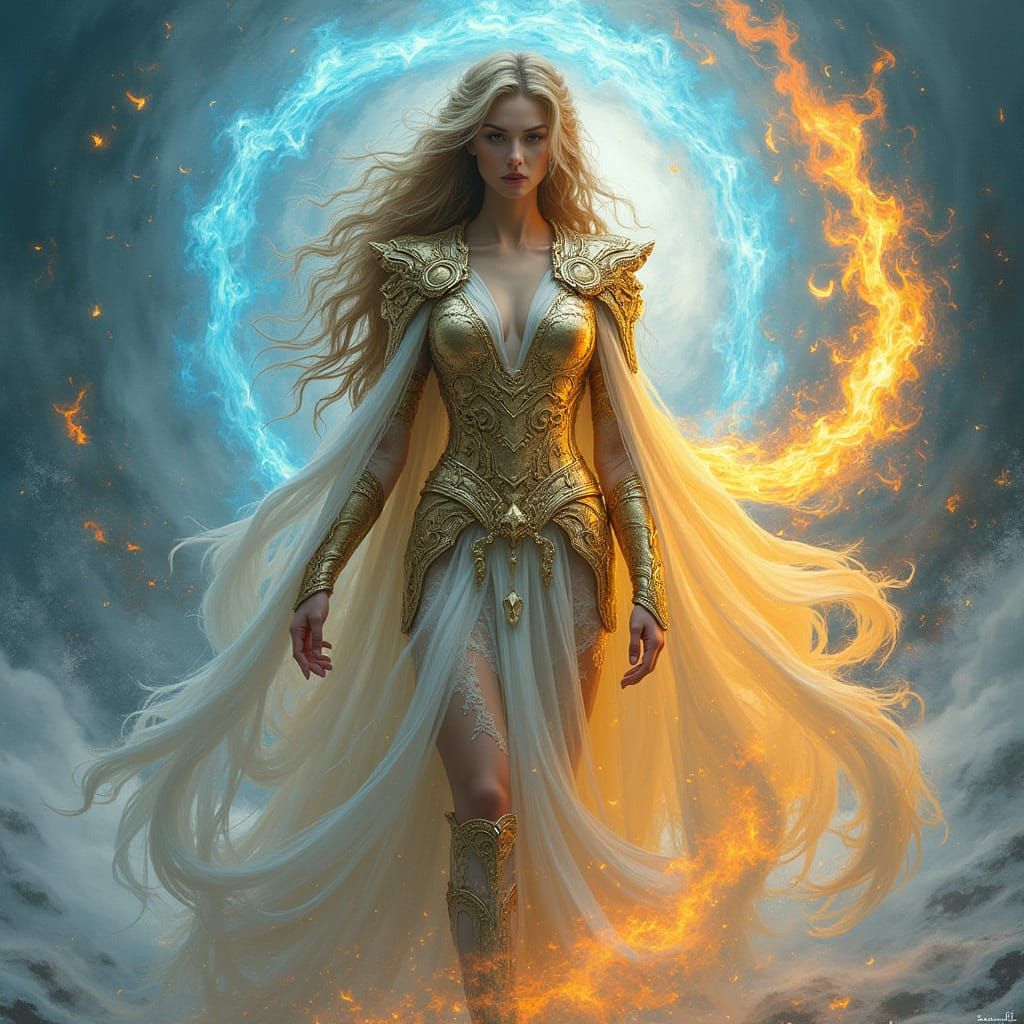 Ethereal Goddess Surrounded by Golden Flames and Frozen Mist