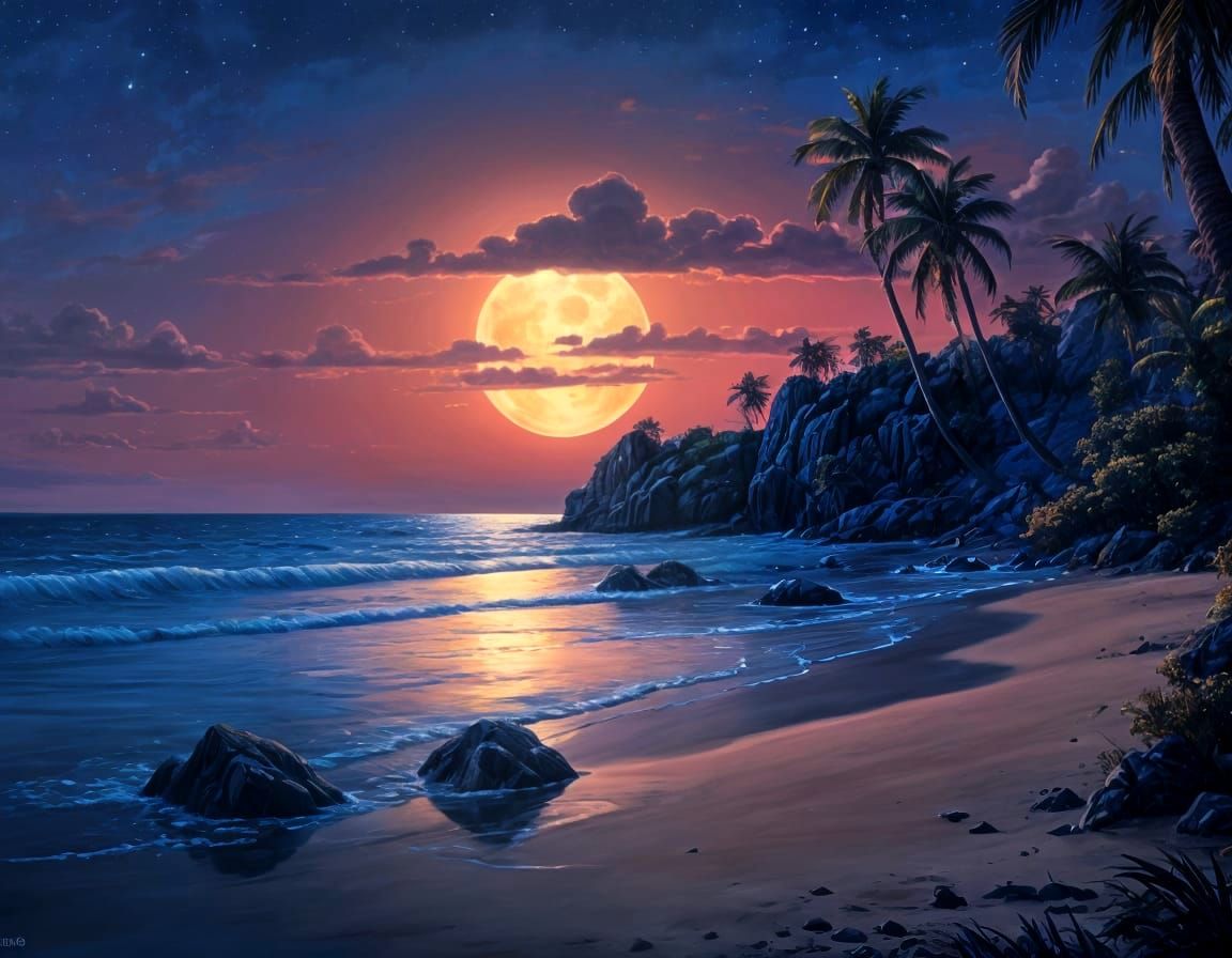 Moonlit Beachscape Reflects Rich Blue Hues